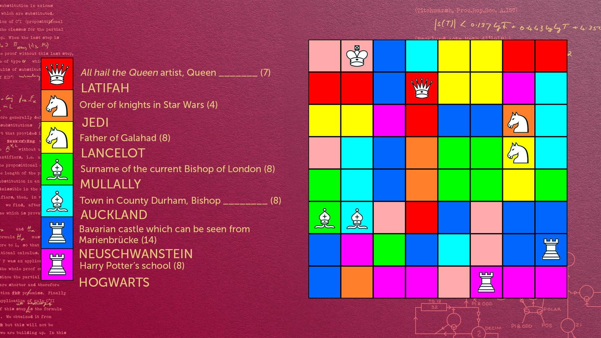 An eight-by-eight grid with squares in 8 different colours is on the right. In the top row, one from the left, is a crown icon in a peach-coloured square. The other icons are also displayed in their correct positions. On the left side of the graphic is…