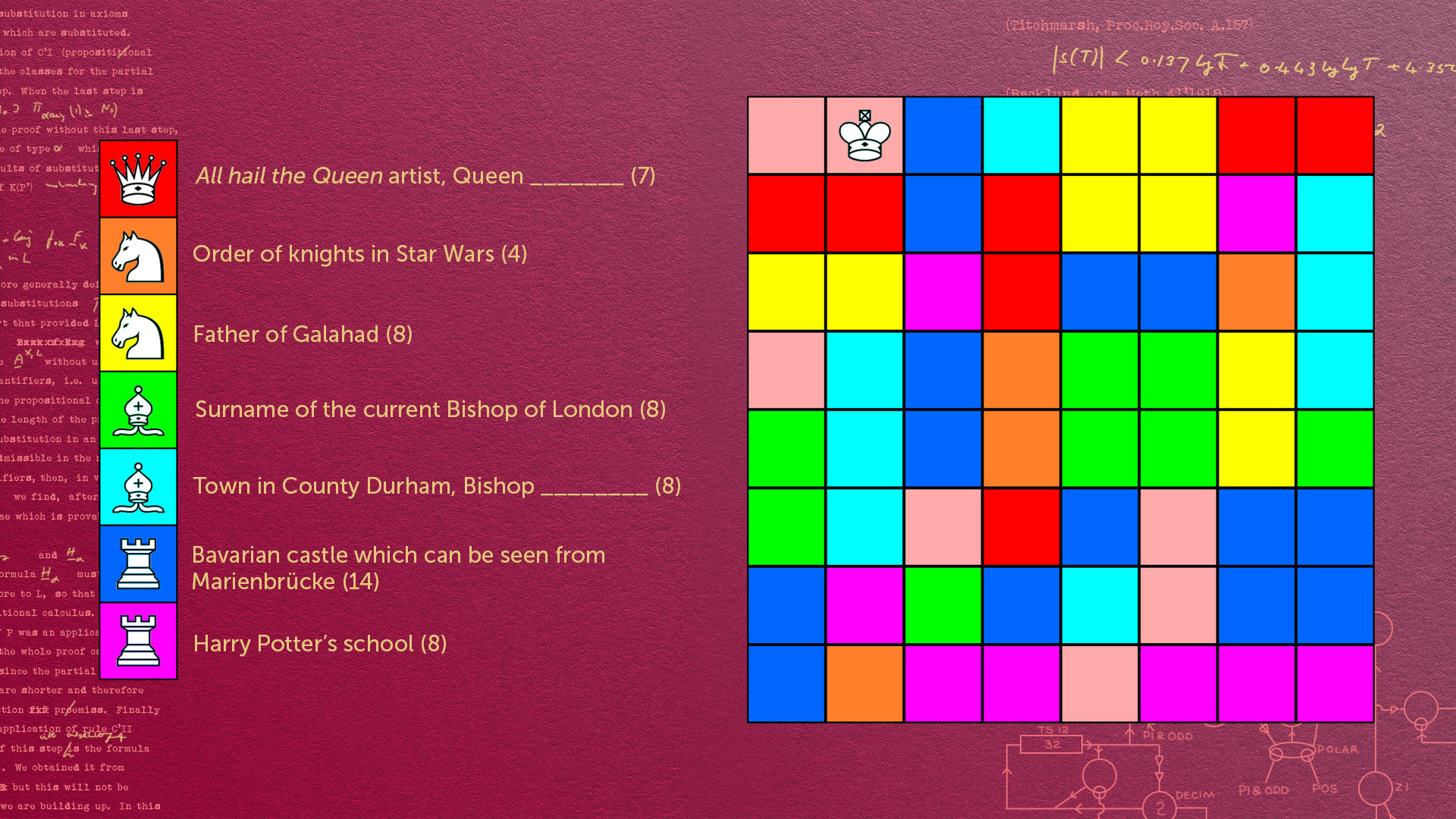 An eight by eight grid with squares in 8 different colours is on the right. In the top row, one from the left, is a crown icon in a peach coloured square. On the left side of the graphic is a column of the 7 other colours, each containing a different c…