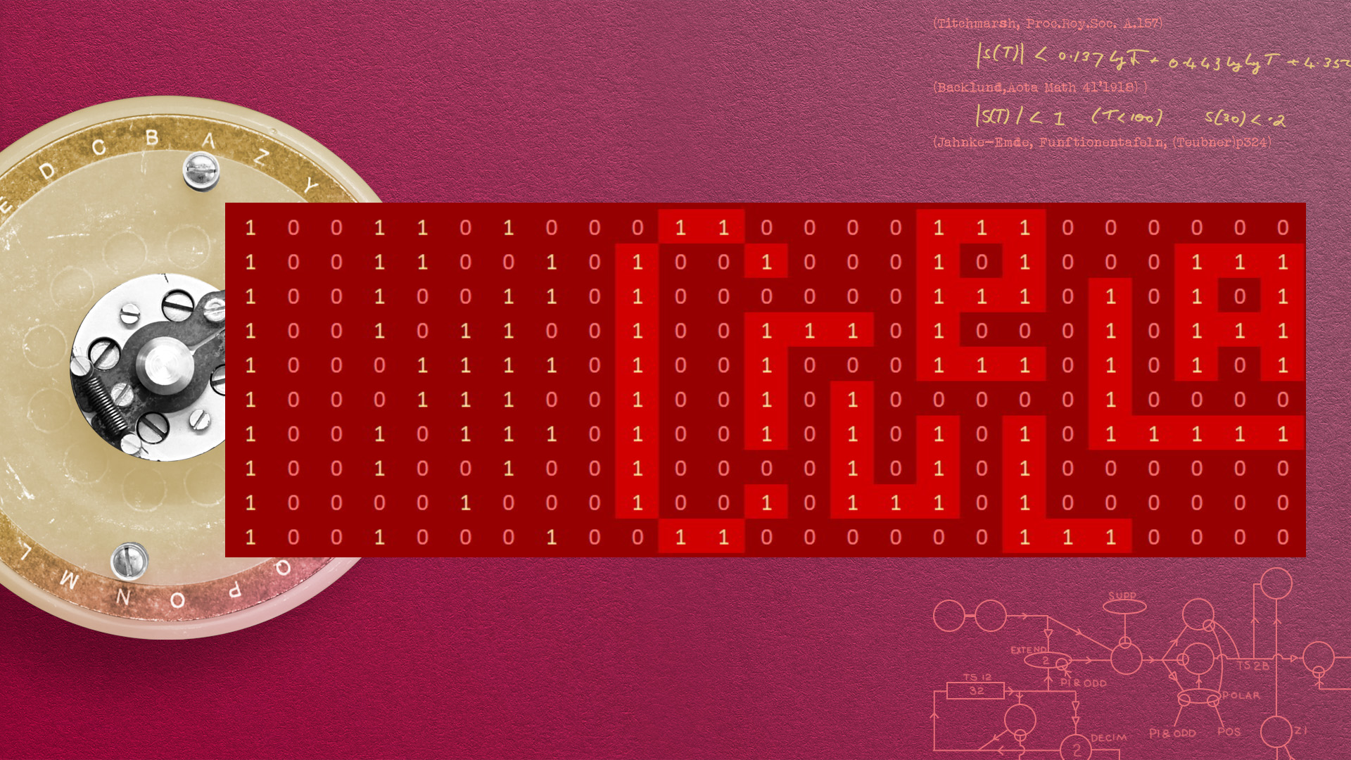 In the middle of the rich red background is a large Bombe rotor. On top of this is the binary for each date with the shape of the word Cruella in ones highlighted
