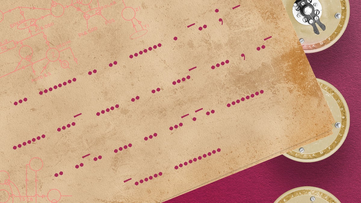 On a rich red background, 3 small bombe rotors are on the right, overlaid by a stack of old paper. On the paper are some of Turings diagrams and the following encoded message
... ........ .. .. ....... . -.. ; -
....... ....- ..... .. .. ....- .... , .…