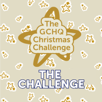 An image on a gold background with gold stars. The logo of the GCHQ Christmas Challenge and the text 'THE CHALLENGE'