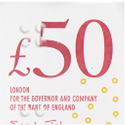 close-up of the £50 figure in the top left corner of both sides of banknotes