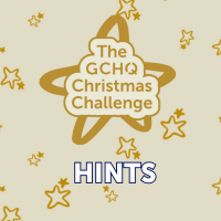 An image with gold stars and the GCHQ Christmas Challenge reads 'HINTS'