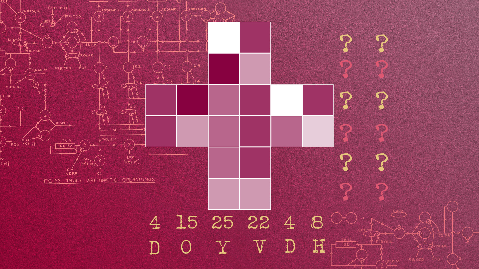 on a righ red background is one of Turing's diagrams. Overlaid is a cross made up of 24 small boxes, in 6 shades of pink.
Along the right had edge there are two question marks at the end of each line of boxes in the cross.
Along the bottom of the cross…