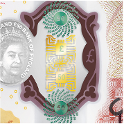 close up of the foil of the £50 note featuring the two sunflower shapes in green at the top and bottom with a microchip in the centre