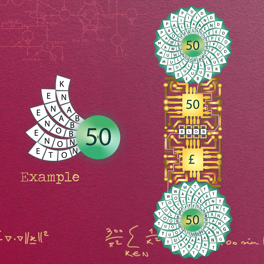 On a red background with some of Turing's notes and diagrams is a blown up version of the microchip from the bank note. The sunflowers at each end are filled with the answers and are joined to each other using the chip as a sort of maze. The final answ…