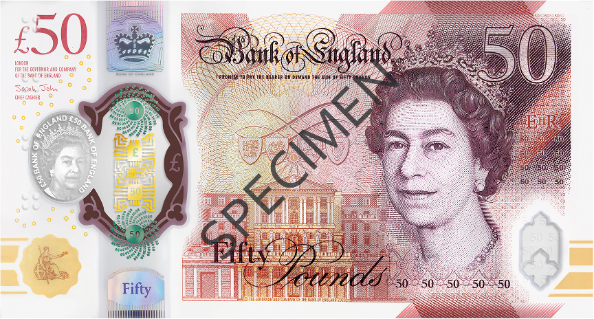 The front of a specimen copy of the new £50 note