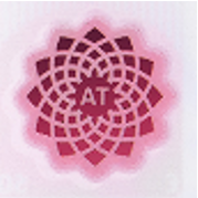 a close up of the red sunflower shaped symbol representing Alan Turing's interest in morphogenetics - the study of patterns in nature. The letters AT are shown in the centre of the flower