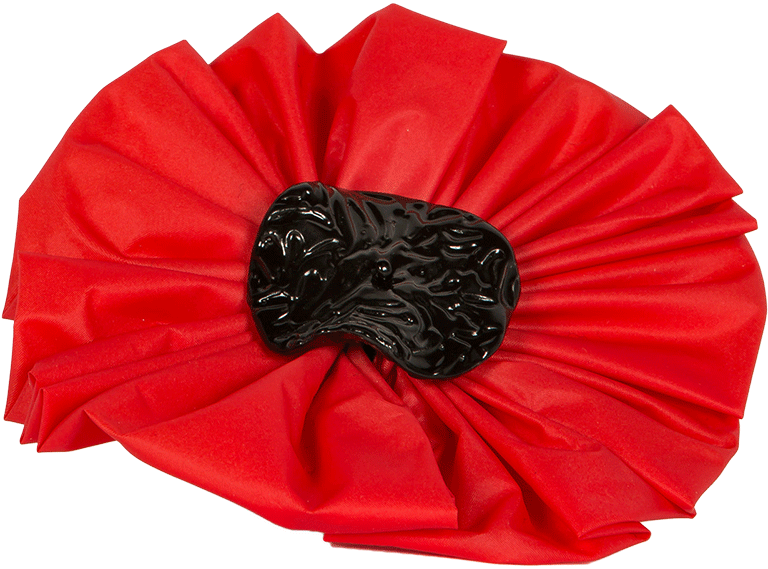 Satiny waterproof material forms the poppy petals, with a black plastic centre