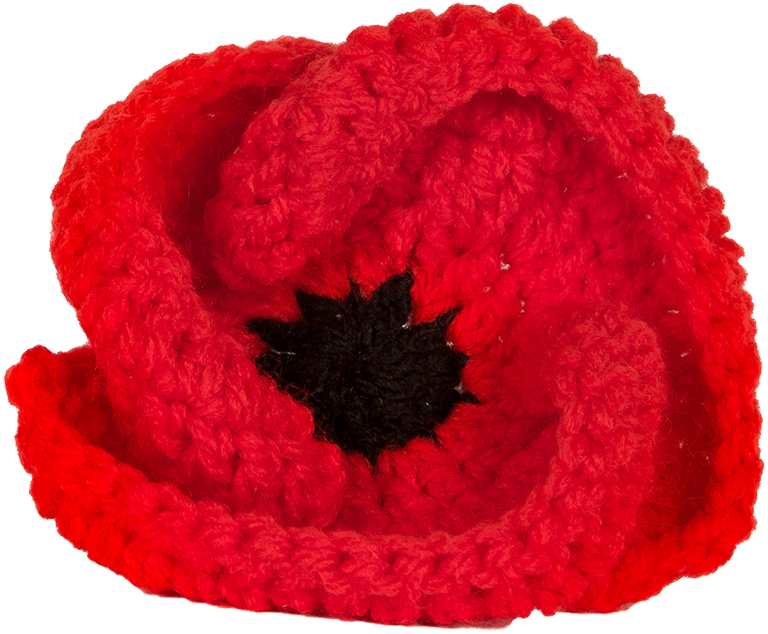 Interesting spiral-knit poppy, red with black wool centre
