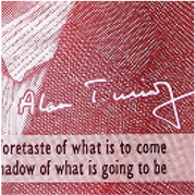 Alan Turing's signature, as taken from a Bletchley Park visitor's book is featured above the quotation on the reverse of the note