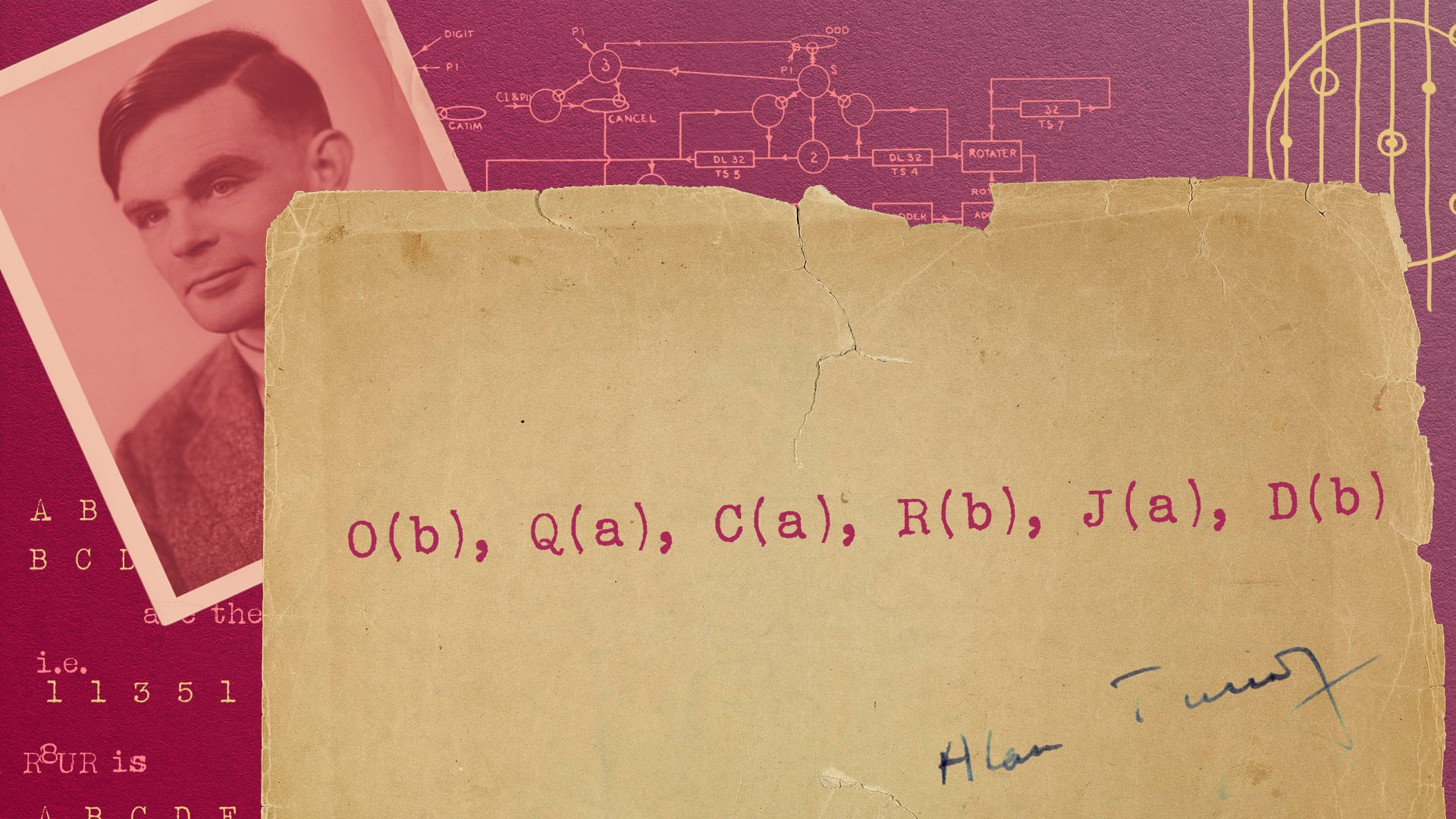 On a red background littered with Turing's diagrams and notes, sits a photograph of Turing and an old, torn sheet of paper. On the paper is the following
O(b), Q(a), C(a), R(b), J(a), D(b)
Turing's signature sits underneath