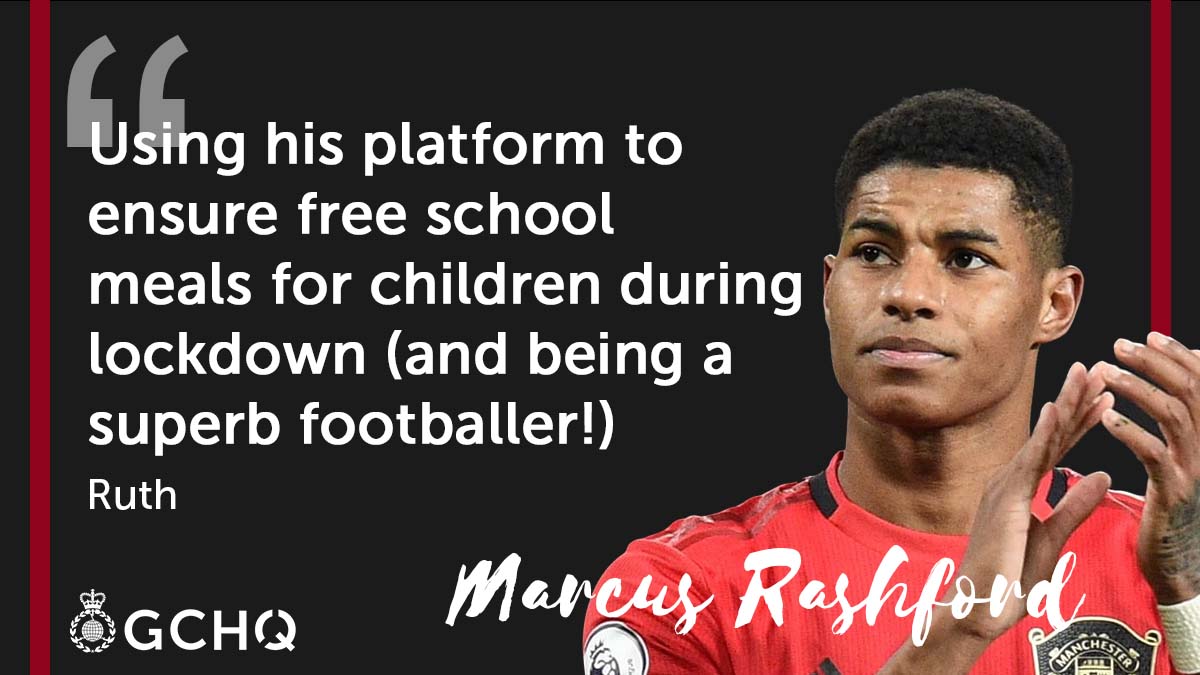 Photo of Marcus Rashford beside a quote from Ruth 'using his platform to ensure free school meals for children during lockdown (and being a superb footballer)' surrounded by a red square.