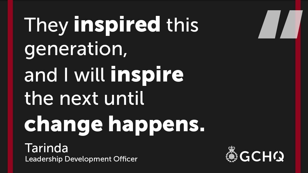 Tarinda's quote 'They inspired this generation, and I will inspire the next until change happens.' on a black background with a red border