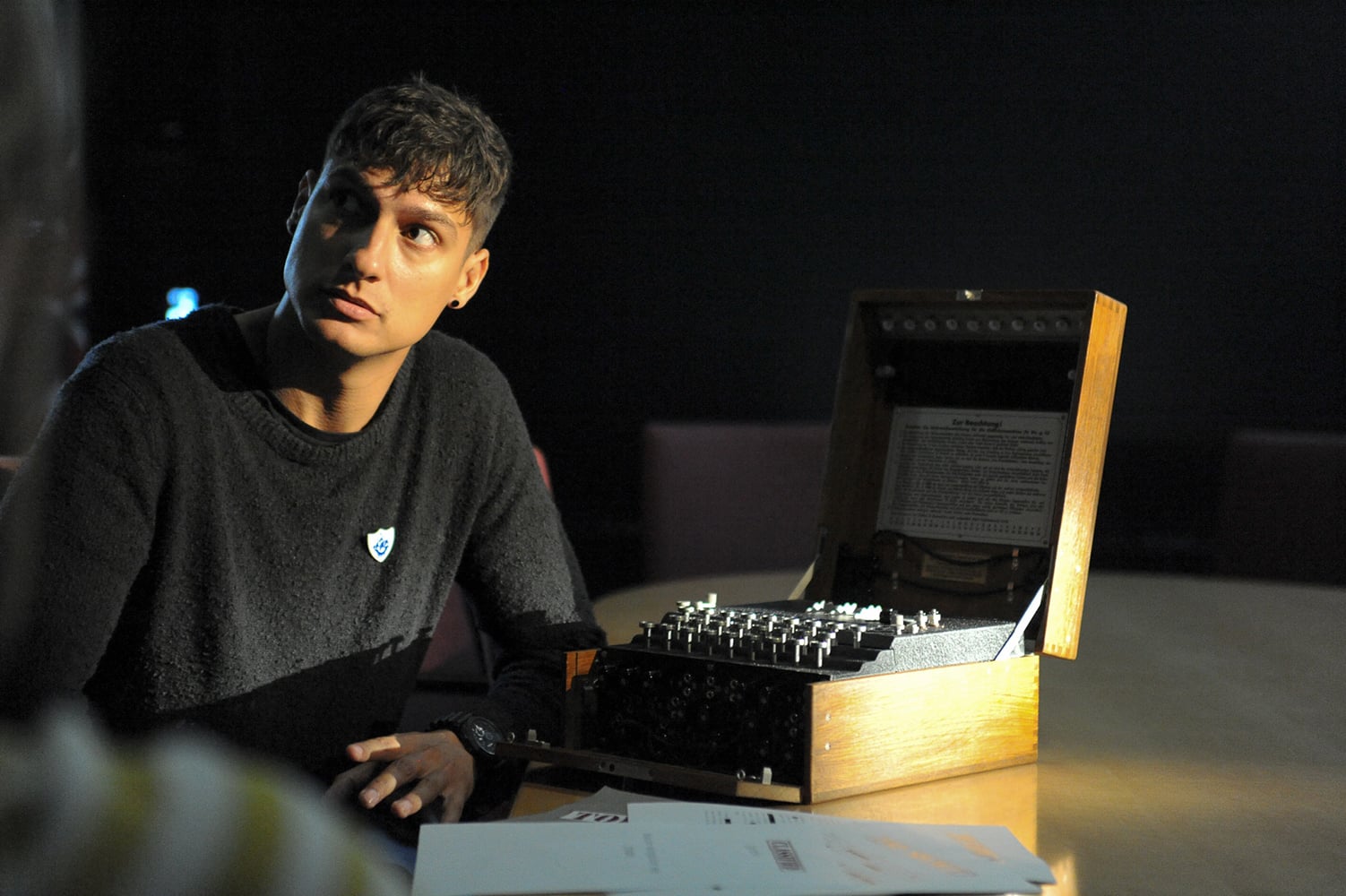 Blue Peter presenter, Richie Driss, with an Enigma machine