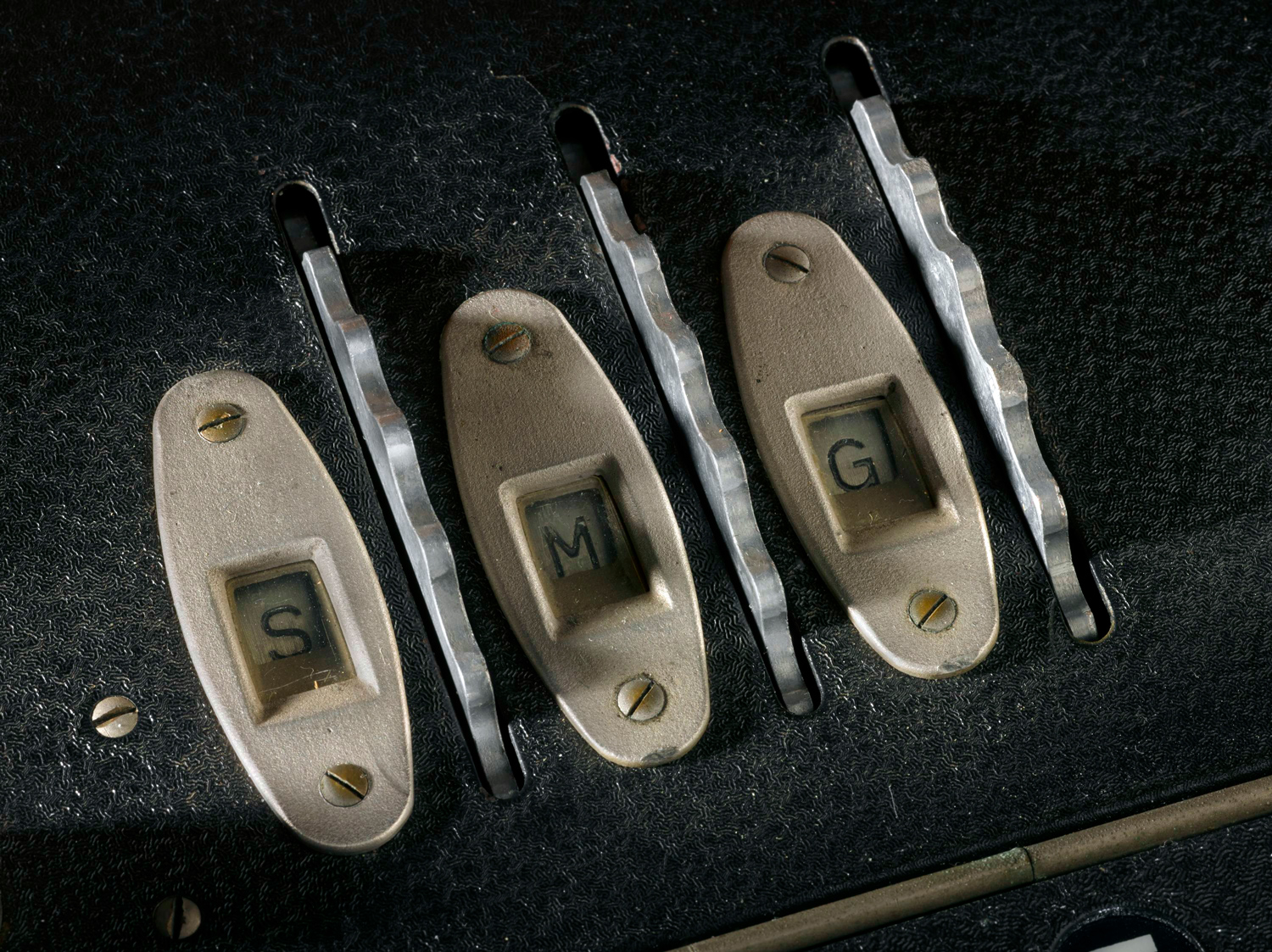 Close-up of an Enigma machine, showing the rotor settings
