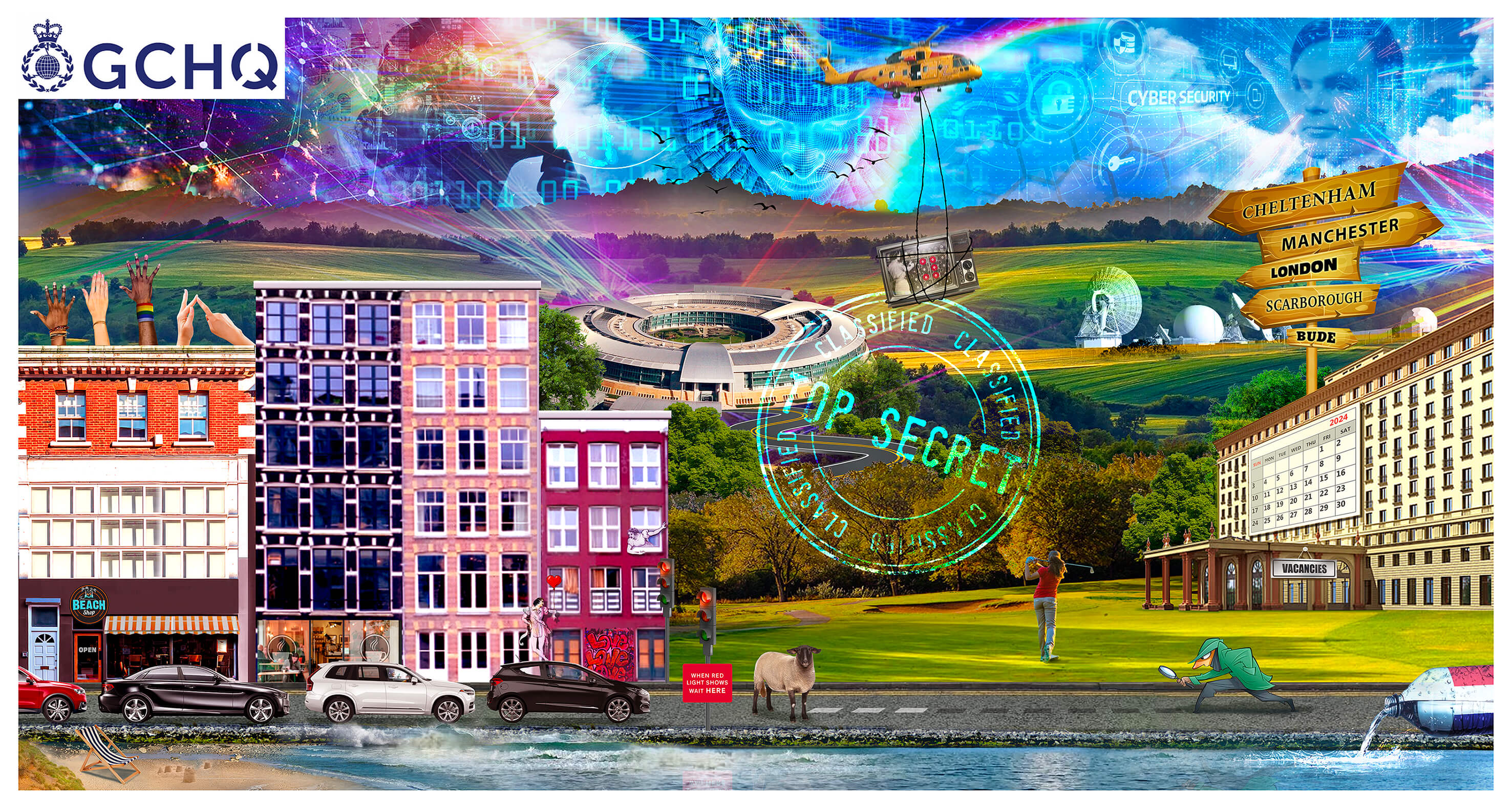 A visual collage with numerous elements representing GCHQ. Within the image are thirteen elements that represent letters of the alphabet.