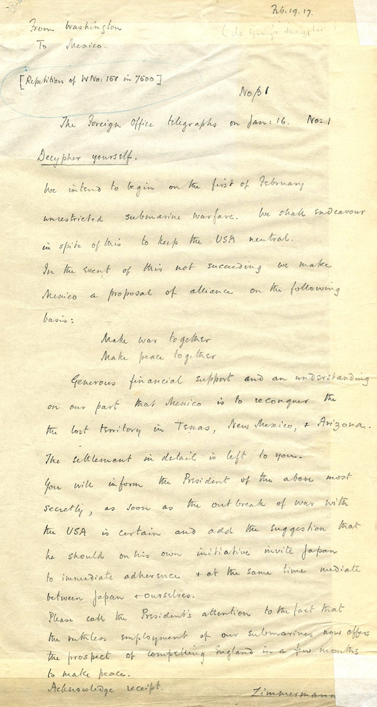Nigel de Grey's manuscript decrypt of the telegram