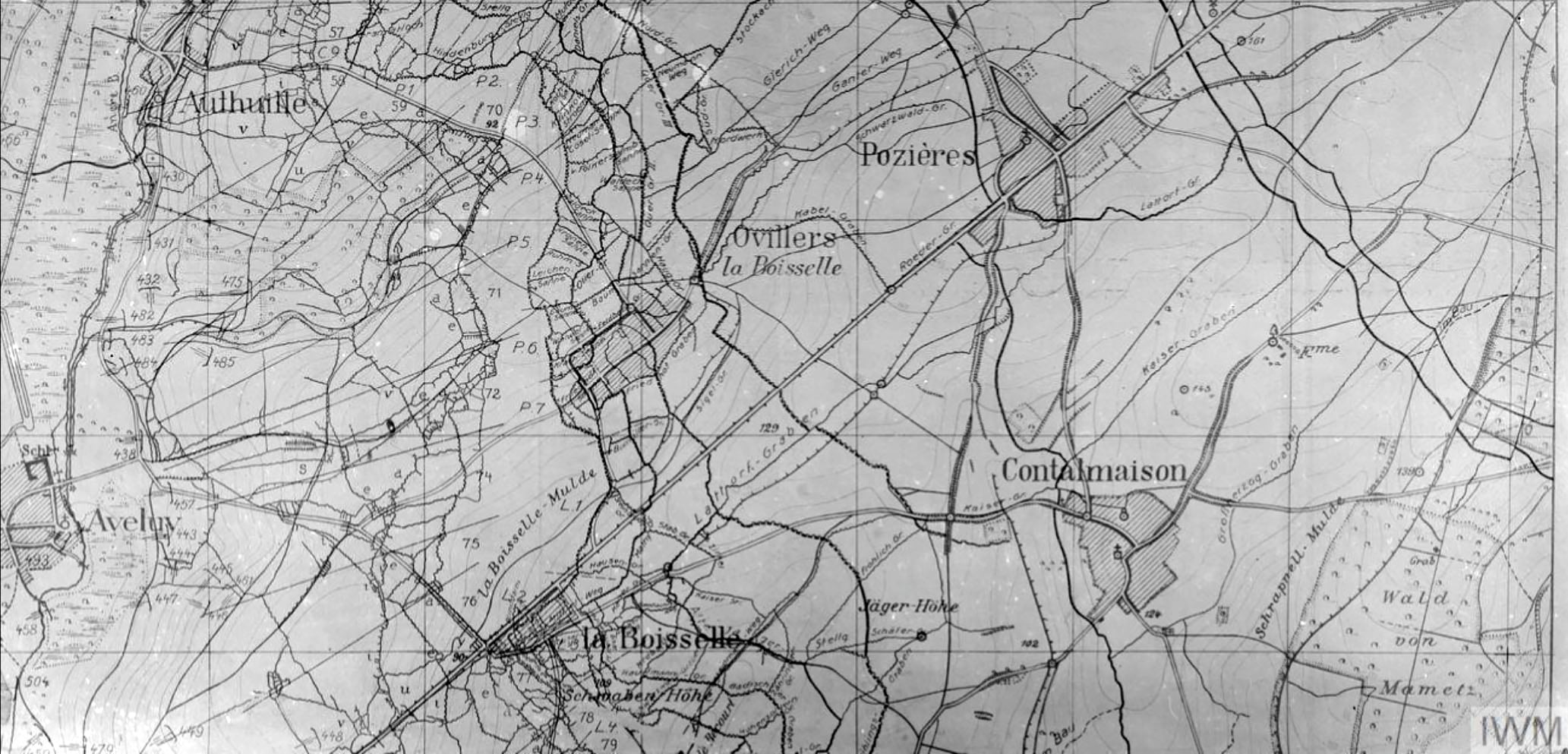 © IWM (Q 65547) Photograph of German Trench Map. Area: Authuille - la Boisselle. Scale 1:5,000. 2.7.16.