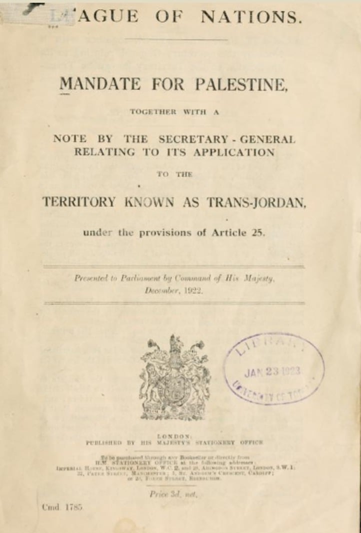 A scan of The Palestine Mandate from the League of Nations from 1922