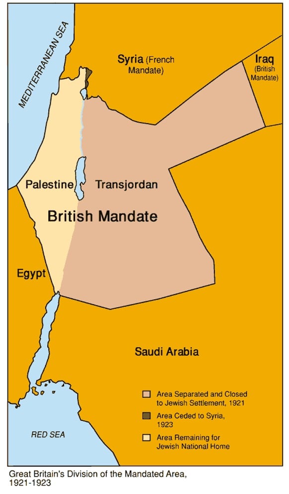 A map indicating Great Britain's division of the mandated area
