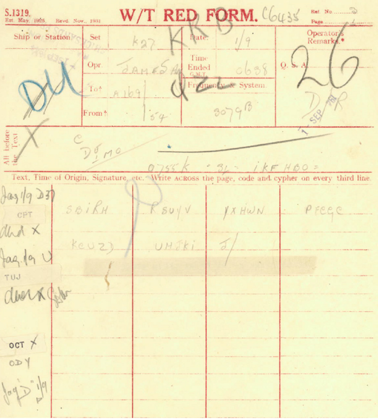 An old form with pencil writing, including some encrypted groups of 5 letter strings, eg SBIRH RSUYV
