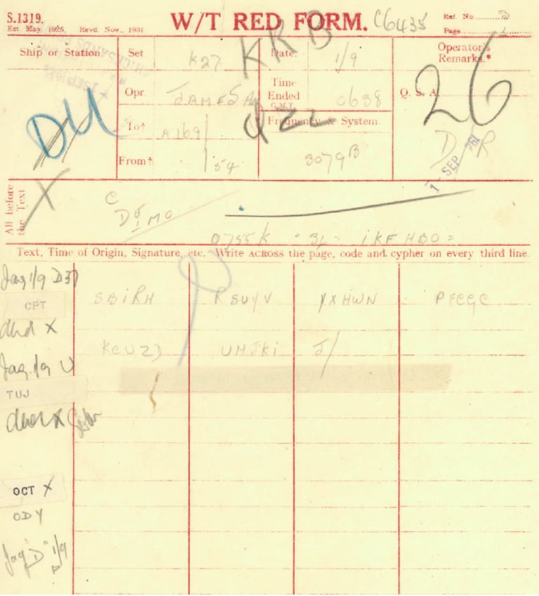 A copy of a Second World War WT Form containing intercept of a message encrypted by Enigma