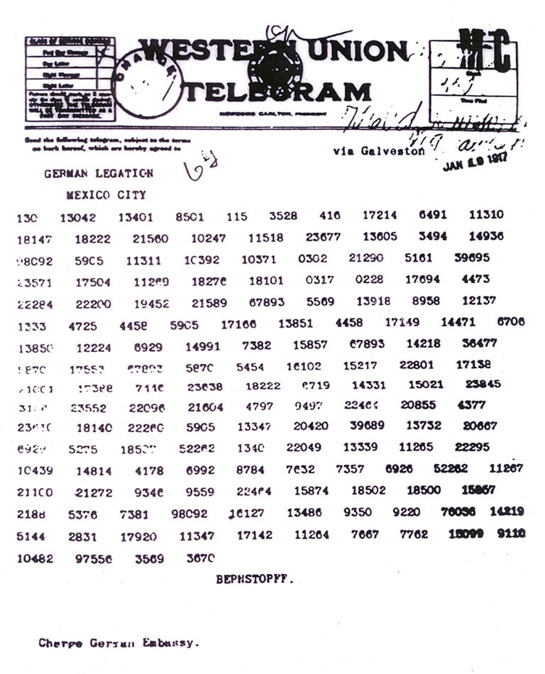 A scan of the Zimmermann Telegram intercepted by Room 40 at Bletchley Park
