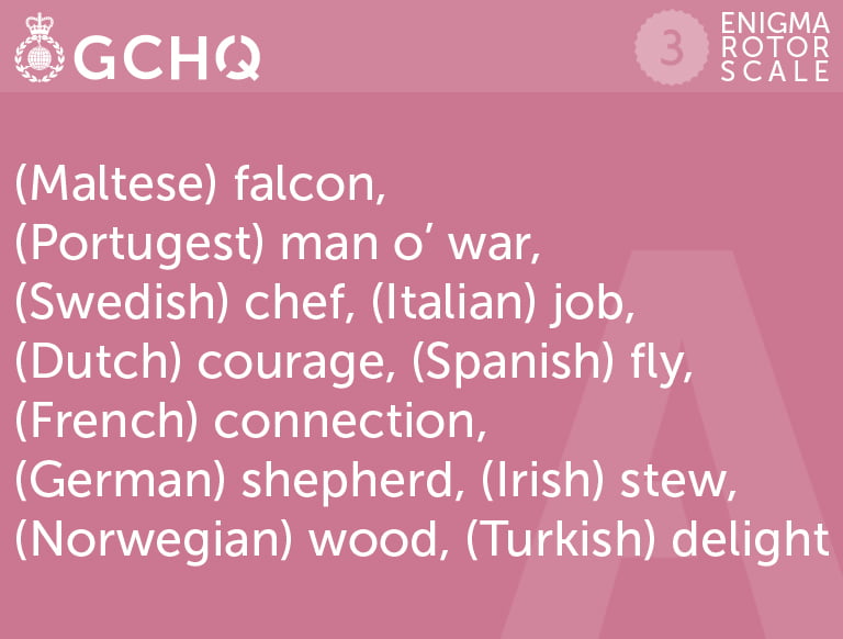 Maltese falcon, Portugese man o’war, Swedish chef, Italian job, Dutch courage, Spanish fly, French connection, German shepherd, Irish stew, Norwegian wood, Turkish delight