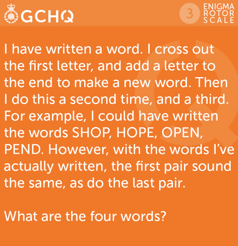 I have written a word. I cross out the first letter and add a letter to the end to make a new word. Then I do this a second time, and a third. For example I could have written the words SHOP, HOPE, OPEN, PEND. However, with the words I’ve actually wr…