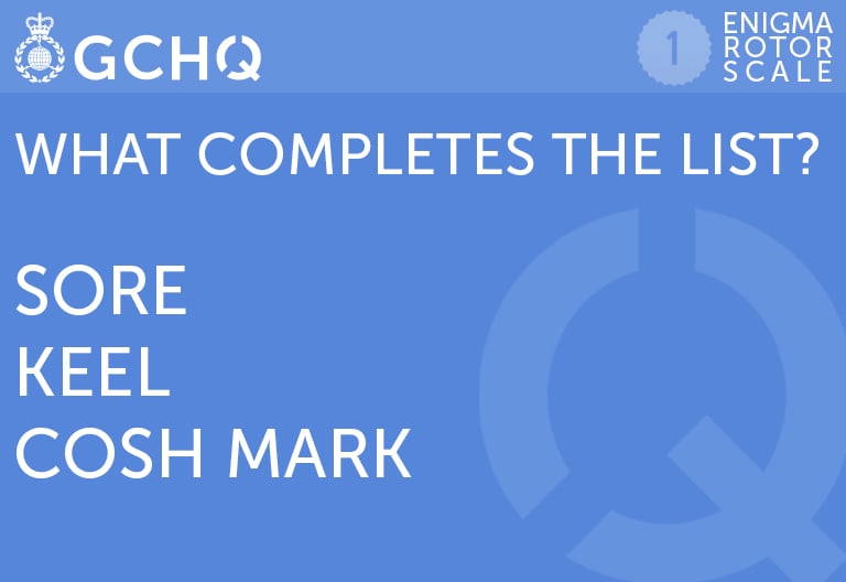 What completes the list? Sore, Keel, Cosh Mark