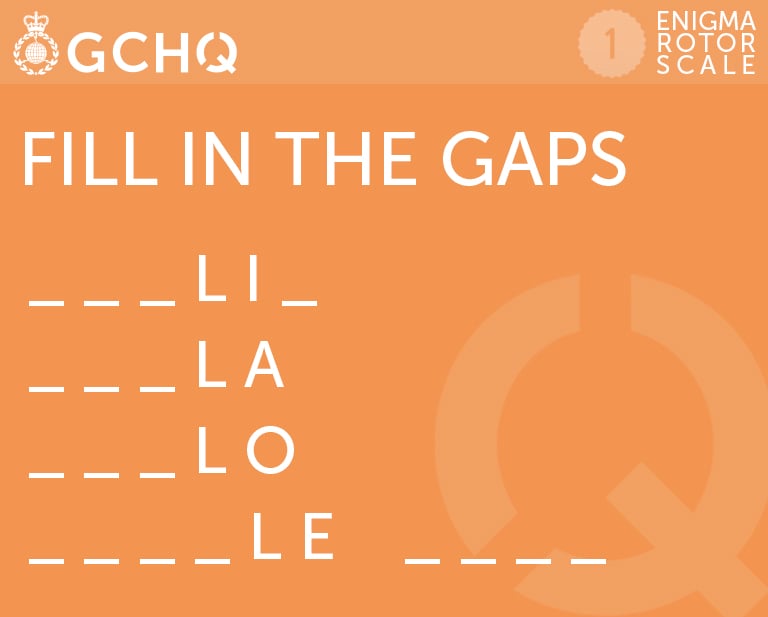 Fill in the gaps. Gap, gap, gap, L, I, gap. Gap, gap, gap, L, A. Gap, Gap, Gap, L, O. Gap, gap, gap, gap, L, E followed by gap, gap, gap, gap.