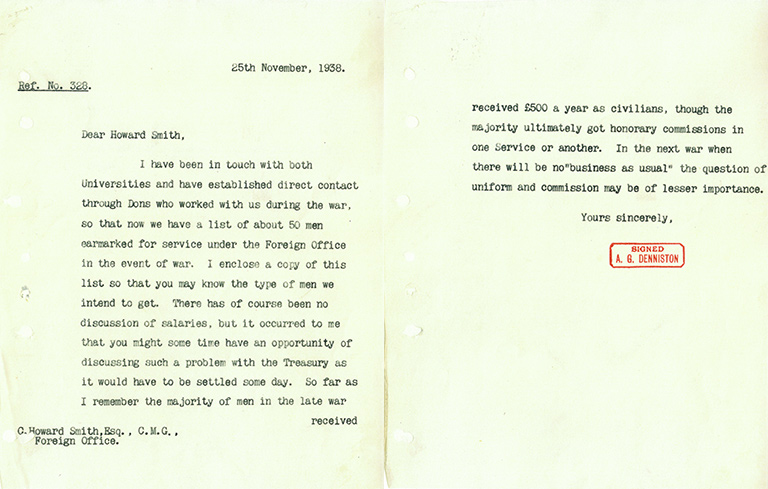 Letter dated 25 Nov 1938, and 'signed' with Denniston's stamp, not signature