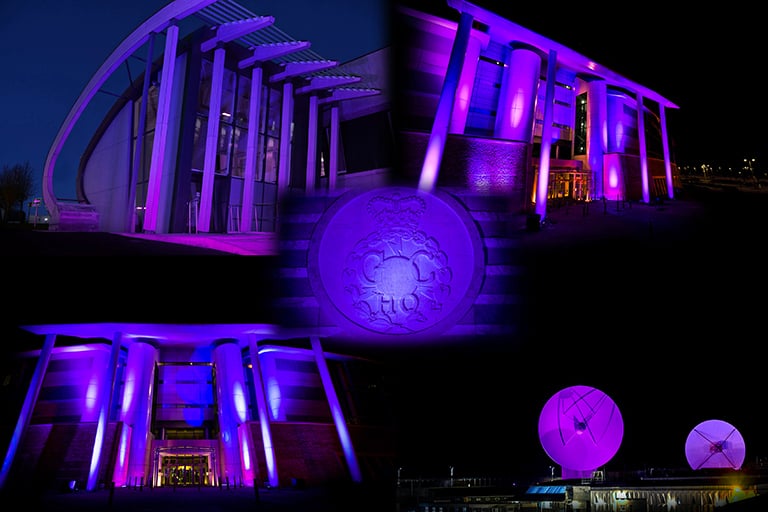 GCHQ Scarborough, HQ, and Bude, lit up purple