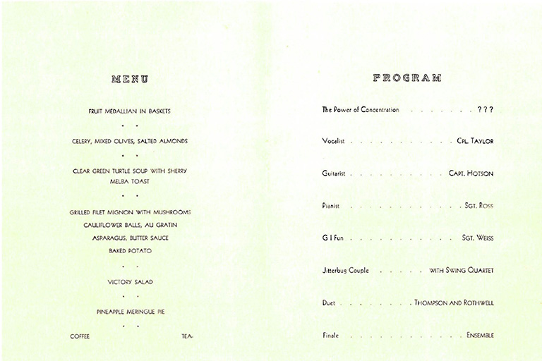 Menu: Fruit medallion in baskets; celery, mixed olives, salted almonds; clear green turtle soup ...