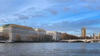 A wide shot of Thames House. The HQ of MI5