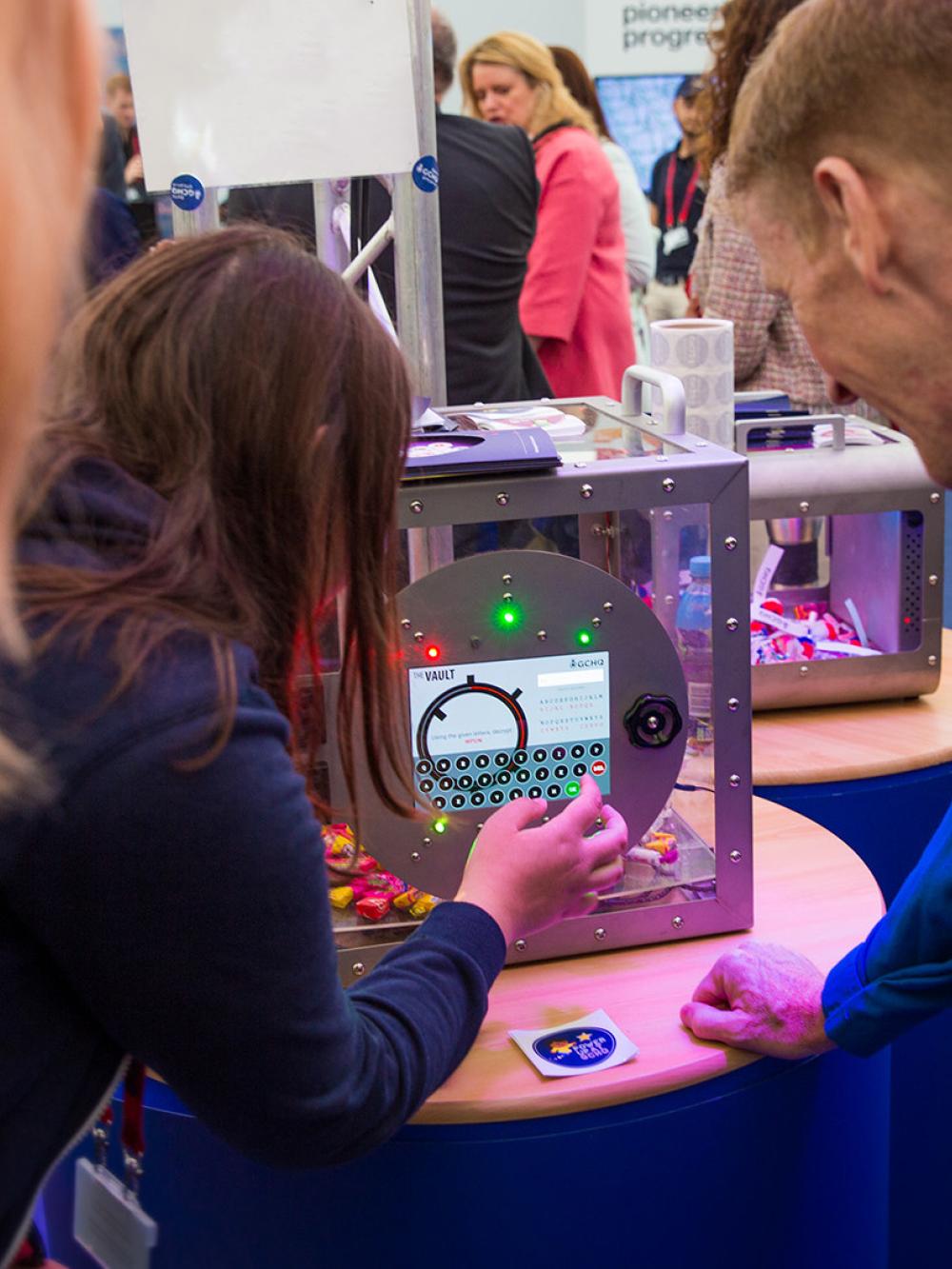 British astronaut, Major Tim Peake, visited the GCHQ stand and watched some young adults take on our Vault game