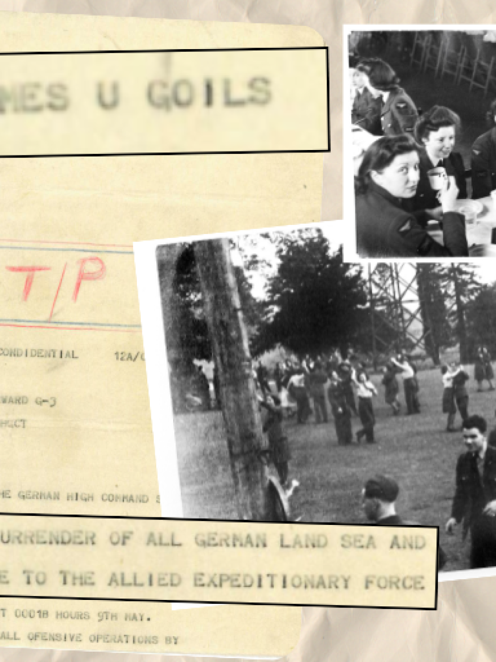 A collage of images of newly discovered documents and VE Day celebrations. Includes the red VE Day 80 logo.