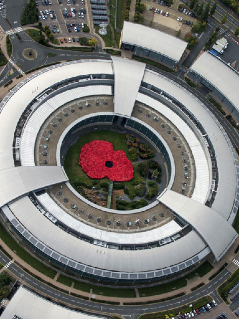 A giant poppy in the GCHQ Courtyard taken from the air