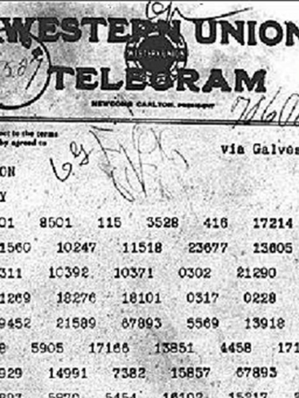 A scan of the Zimmermann Telegram, a greyed image including coded messages from the German High Command