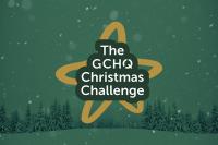 The GCHQ Christmas Challenge logo on a green-tinted snowy forest backdrop
