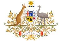 Australian Coat of Arms - A shield showing the flags from each Australian state flanked by a kangaroo and an emu
