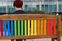 A woman is sat on a bench with her back to the camera. The bench is painted in the colours of the Pride flag.