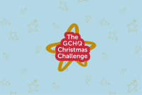A light blue image with gold icons and a red and gold GCHQ Christmas Challenge logo