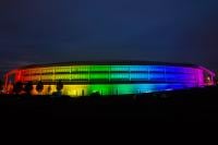 GCHQ's headquarters lit up in the colours of the Pride flag