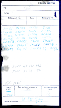 Pigeon Service message. 5-characters-long groups of letters arranged over 4 columns and 7 rows, on a paper form