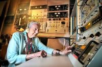 Pamela Hussey working on a machine to re-enact her career's work
