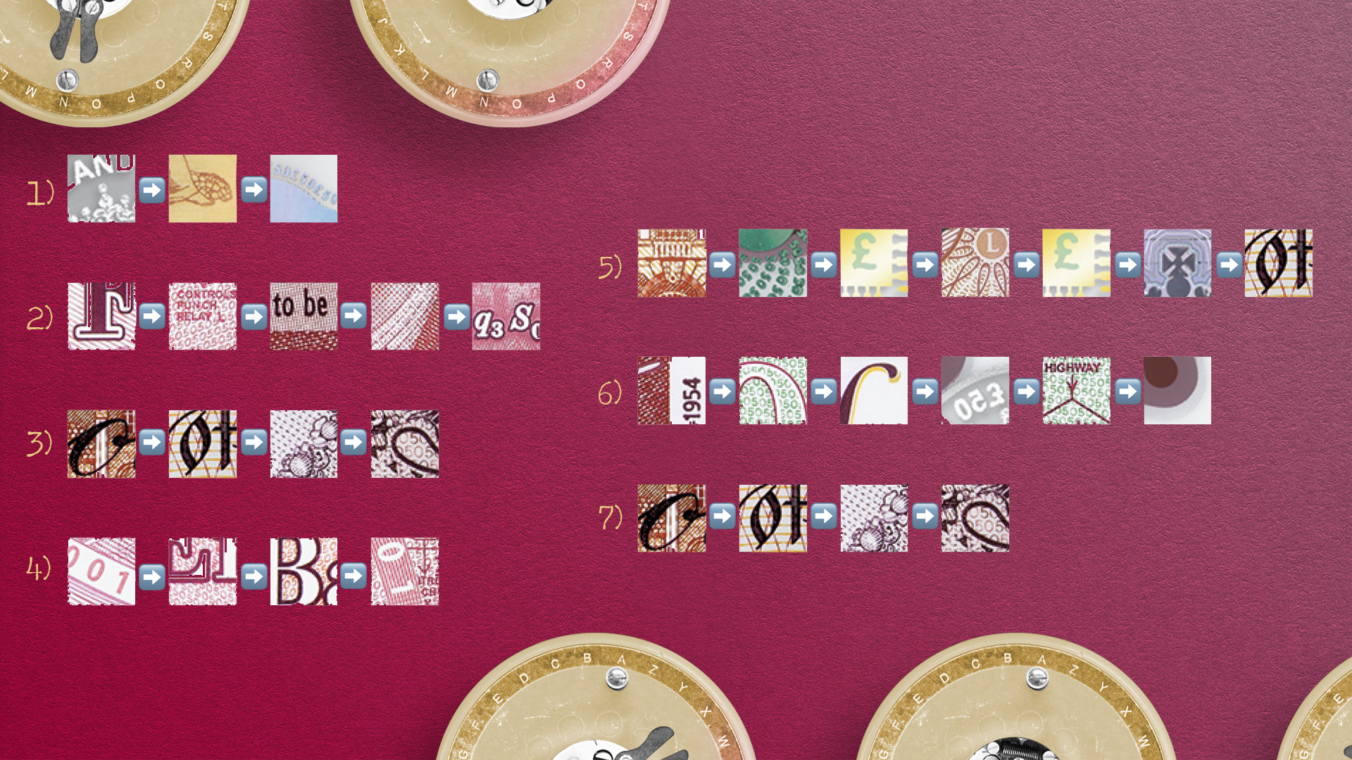 on a rich red background there are five bombe rotors around the edge.
In the centre is two columns of rows of close up secitons of the new banknote each row is numbered 1 to 7