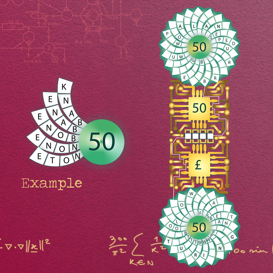 On a red background with some of Turing's notes and diagrams is a blown up version of the microchip from the bank note. The sunflowers at each end now have letters in and are joined to each other using the chip as a sort of maze.
There is an example as described on the left.